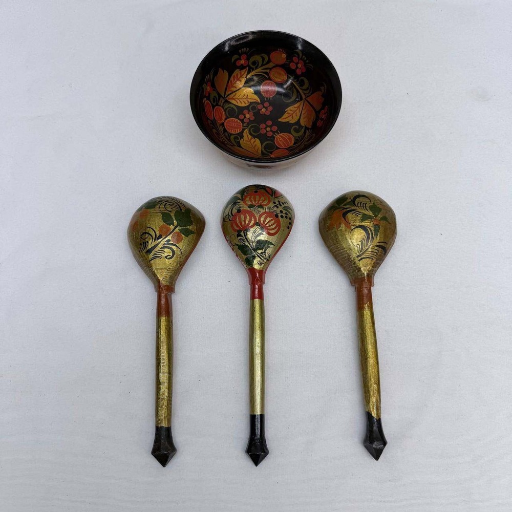 Vintage Russian Khokhloma Wood Bowl and 3 Spoons Set Made in USSR Hand Painted